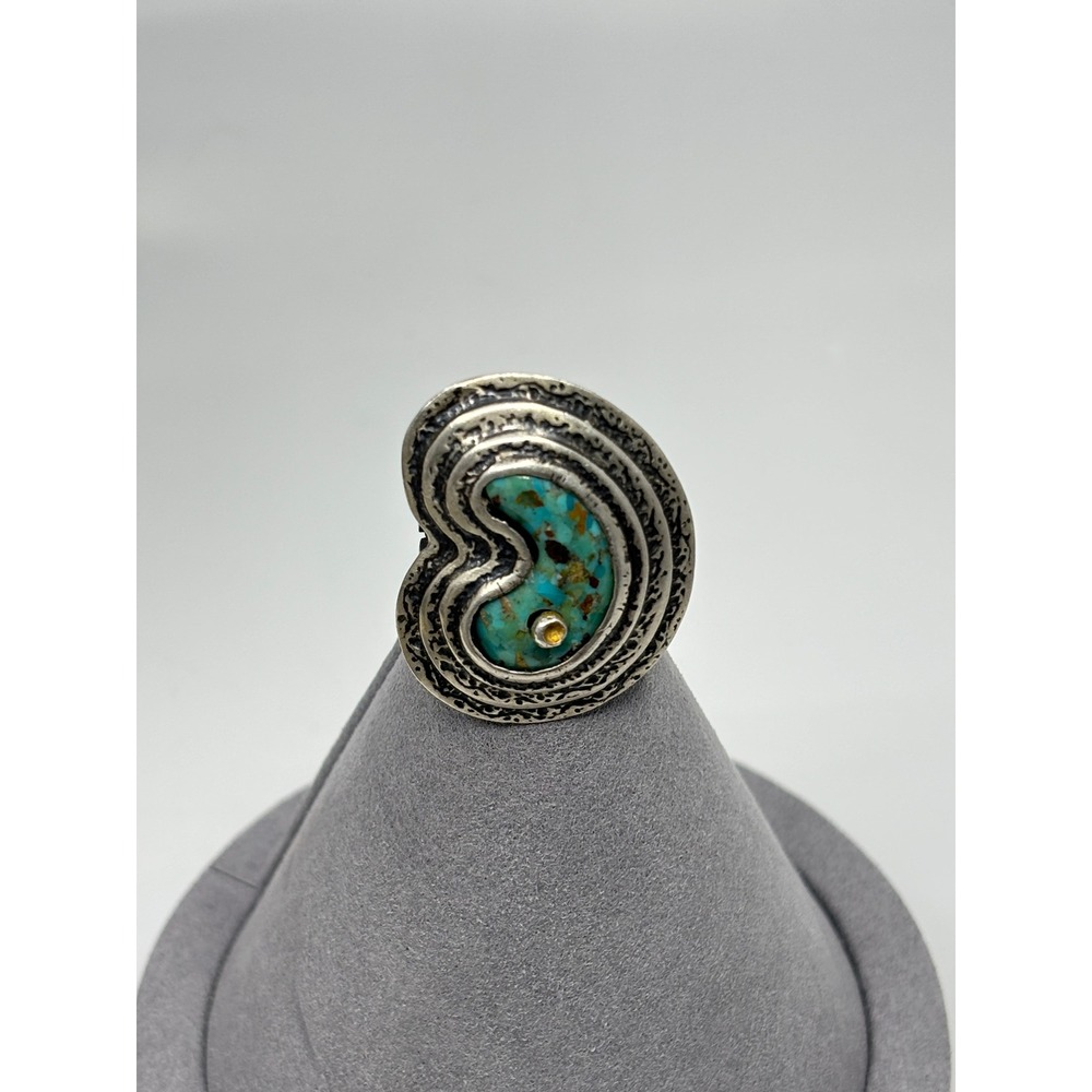 Artisan Signed Sterling Silver 925 Turquoise Spiral Statement Ring Wide Band